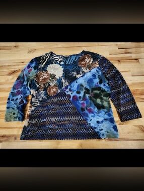 Jessica Max Shirt Top Sz XL 3/4 Sleeves Y2K Boho Artsy Glittery Mixed Print